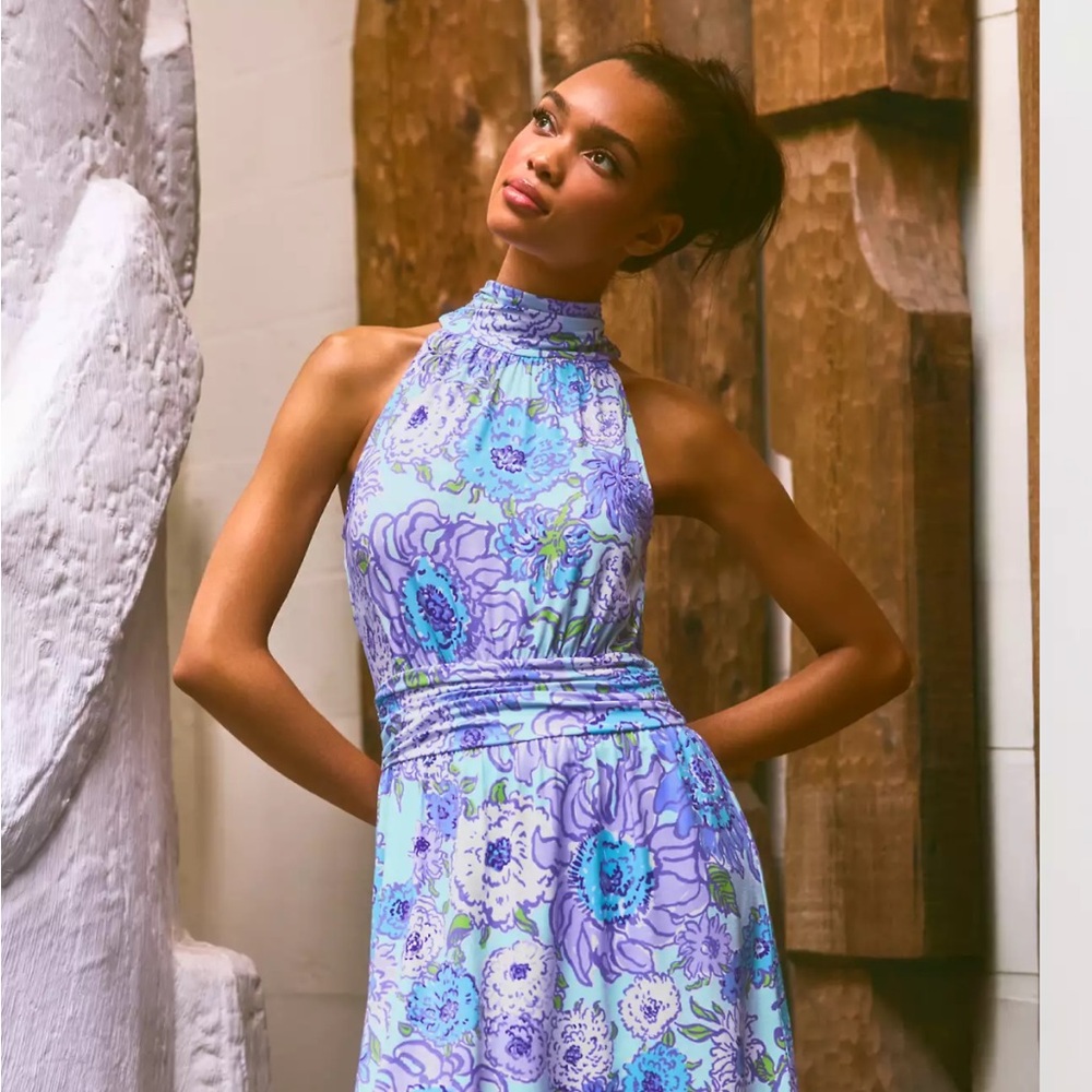 Floral Halter Neck Dress - Blue and Purple